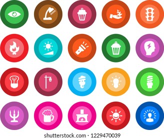 Round color solid flat icon set - brainstorm vector, fire, garden light, eye, traffic, torch, brightness, desk lamp, fireplace, beer, candle, bulb, energy saving, outdoor, alarm led, palm sproute