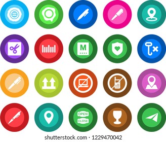 Round color solid flat icon set - no mobile vector, laptop, pen, stamp, heart shield, pin, fragile, up side sign, hook, barcode, cut, place tag, menu, open close, paper plane