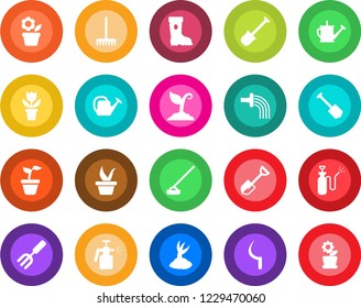 Round color solid flat icon set - job vector, flower in pot, garden fork, shovel, rake, seedling, watering can, sproute, boot, hoe, sickle, sprayer