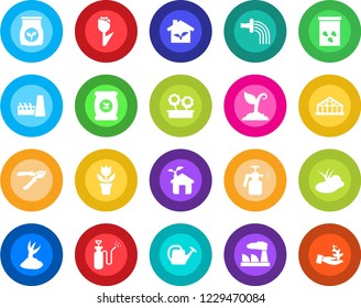Round color solid flat icon set - factory vector, flower in pot, watering can, sproute, pruner, greenhouse, seeds, pond, garden sprayer, fertilizer, tulip, eco house, palm