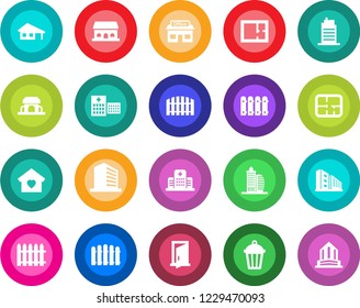 Round color solid flat icon set - office building vector, fence, garden light, hospital, store, house with garage, plan, sweet home, city, cafe, door