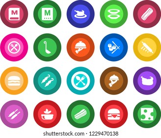 Round color solid flat icon set - spoon and fork vector, cafe, menu, salad, plates, bacon, waiter, chicken, kebab, hamburger, ladle, rolling pin, sushi, cheese