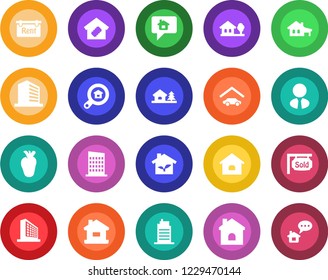 Round color solid flat icon set - office building vector, house, real heart, with garage, tree, rent, sold signboard, estate search, agent, smart home, city, eco, message