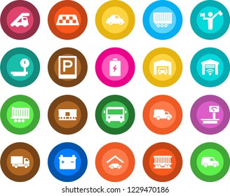 Round color solid flat icon set - dispatcher vector, taxi, airport bus, parking, ladder car, railroad, truck trailer, delivery, heavy scales, garage, gate control, battery