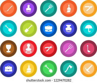 Round color solid flat icon set - stamp vector, job, shovel, farm fork, pruner, axe, scalpel, fragile, umbrella, themes, case, ladle, hard work