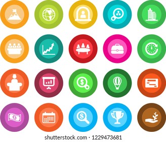 Round color solid flat icon set - reception vector, meeting, office building, consumer search, motivation, clock, earth, growth graph, money, calendar, cash, case, schedule, award cup, presentation