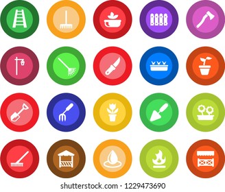 Round color solid flat icon set - flower in pot vector, trowel, garden fork, shovel, rake, ladder, seedling, fire, water drop, knife, axe, light, fence, salad, alcove