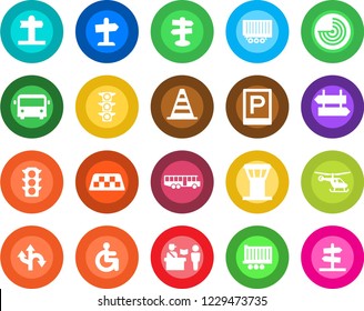 Round color solid flat icon set - airport tower vector, taxi, bus, parking, passport control, signpost, border cone, radar, helicopter, disabled, route, traffic light, truck trailer, guidepost