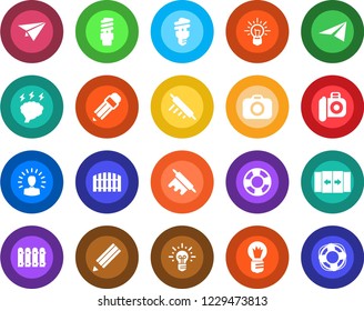 Round color solid flat icon set - automatic door vector, brainstorm, bulb, camera, pencil, fence, rolling pin, energy saving, shining head, idea, paper plane, crisis management