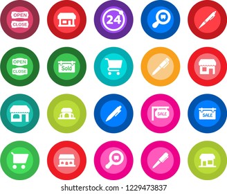 Round color solid flat icon set - 24 around vector, shop, pen, store, search cargo, sale, sold signboard, cafe building, open close, cart, storefront