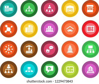 Round color solid flat icon set - hierarchy vector, well, molecule, hospital, office building, garage, plan, home message