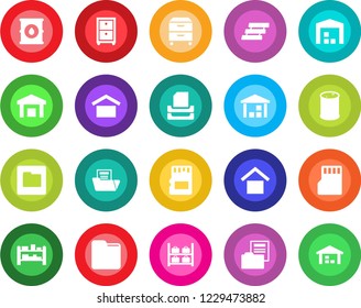 Round color solid flat icon set - luggage storage vector, warehouse, oil barrel, rack, sd, folder, document, paper tray, archive box