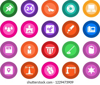 Round color solid flat icon set - barrier vector, 24 around, pennant, notebook pc, lawn mower, hoe, dropper, scales, vinyl, flame disk, antenna, group, cut, place tag, battery, drawing pin, waiter