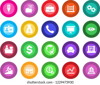 Round color solid flat icon set - plane globe vector, gear, identity card, dollar sign, case, abacus, money bag, presentation board, manager place, plant label, eye, store, call, document folder