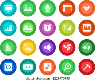 Round color solid flat icon set - baggage conveyor vector, barrier, automatic door, presentation board, lawn mower, pills, speaker, microphone, mobile camera, alarm, scanner, eye id, music, building