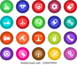 Round color solid flat icon set - mouse vector, antenna, satellite, video camera, touch screen, radio phone, rca, call, settings, network, monitor statistics, windmill, router, web, home control app