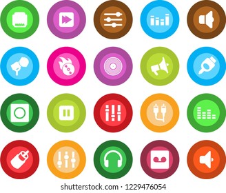 Round color solid flat icon set - vinyl vector, flame disk, microphone, loudspeaker, settings, equalizer, headphones, pause button, fast forward, rca, hdmi, tuning, record, sound