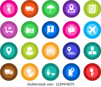 Round color solid flat icon set - navigation vector, pin, important flag, store, plane, office phone, support, client, mobile tracking, car delivery, receipt, sea port, umbrella, no trolley, hook