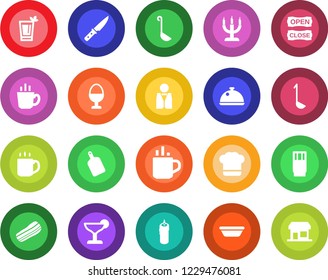 Round color solid flat icon set - hot cup vector, coffee, waiter, dish, cook hat, drink, cocktail, phyto bar, bacon, egg stand, candle, open close, ladle, bowl, cutting board, knife, storefront