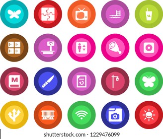Round color solid flat icon set - elevator vector, checkroom, document reload, butterfly, garden light, route, railroad, heavy scales, rec button, photo gallery, application, pool, tv, wireless, ham