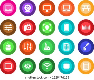 Round color solid flat icon set - notebook pc vector, garden fork, bench, barcode, camera, monitor, laptop, radio phone, back, tuning, sim, wireless, face id, eye, copier, chip, web, calculator