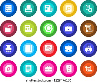 Round color solid flat icon set - document search vector, notepad, reload, stamp, contract, folder, news, case, checklist, printer, paper tray, certificate