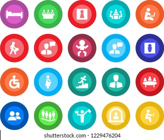 Round color solid flat icon set - dispatcher vector, male, female, baby, reception, bed, speaking man, team, meeting, disabled, pregnancy, client, speaker, group, manager, career ladder