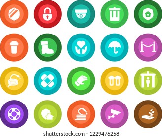 Round color solid flat icon set - fence vector, security gate, trash bin, glove, boot, hose, patch, heart hand, umbrella, shield, lock, estate insurance, water filter, home protect, surveillance