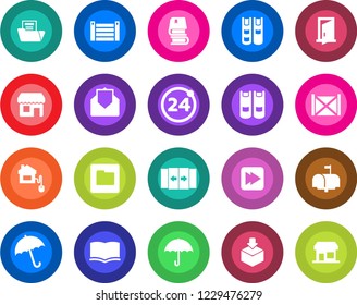 Round color solid flat icon set - 24 around vector, automatic door, umbrella, book, container, package, mail, fast forward, folder, document, mailbox, home control, storefront
