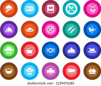 Round color solid flat icon set - spoon and fork vector, dish, restaurant table, serviette, cafe, menu, plates, waiter, dress code, chicken, steak, kebab, bowl, steaming pan, sushi