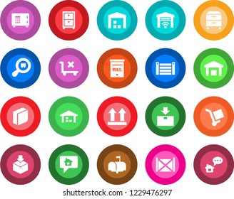 Round color solid flat icon set - safe vector, container, cargo, up side sign, no trolley, warehouse, package, search, blank box, archive, mailbox, garage gate control, home message