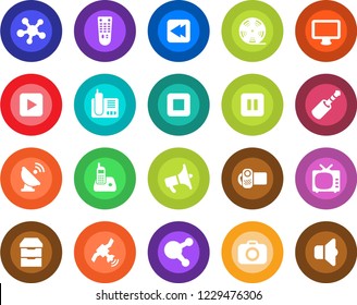 Round color solid flat icon set - satellite antenna vector, reel, camera, loudspeaker, tv, video, remote control, monitor, radio phone, share, play button, pause, stop, rewind, jack connector, sound