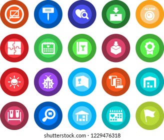 Round color solid flat icon set - no laptop vector, contract, lady bug, plant label, blood test vial, heart diagnostic, medical calendar, warehouse, package, search cargo, application, sertificate