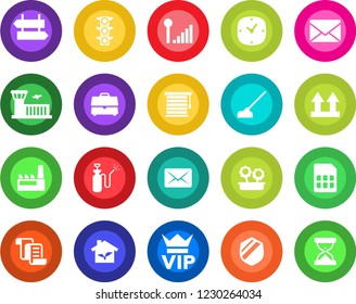 Round color solid flat icon set - signpost vector, vip, airport building, contract, mail, hoe, garden sprayer, traffic light, up side sign, shield, clock, sim, cellular signal, case, flower in pot