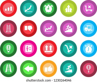 Round color solid flat icon set - elevator vector, alarm clock, left arrow, fork loader, ladder, up side sign, no trolley, finger, down, career, graph, growth, air balloon