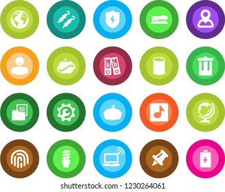 Round color solid flat icon set - trash bin vector, wireless notebook, globe, office binder, pumpkin, diet, patient, navigation, earth, folder document, oil barrel, paper pin, protect, music, kebab