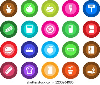 Round color solid flat icon set - seedling vector, plant label, diet, fridge, drink, bacon, bread, hot dog, apple fruit, fan, palm sproute