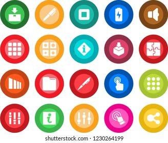 Round color solid flat icon set - package vector, sorting, settings, touch screen, stop button, menu, folder, charge, application, pen, sound, information, social media