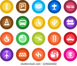 Round color solid flat icon set - plane radar vector, taxi, airport bus, parking, passport control, signpost, alarm car, border cone, helicopter, disabled, route, traffic light, truck trailer