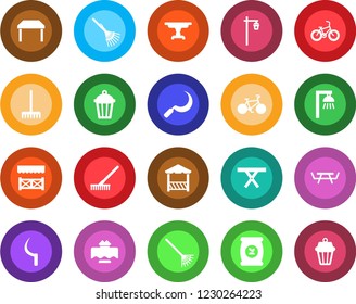 Round color solid flat icon set - rake vector, sickle, garden light, picnic table, fertilizer, bike, restaurant, alcove, outdoor lamp