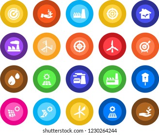 Round color solid flat icon set - factory vector, bird house, target, sun panel, windmill, eco, water, palm sproute