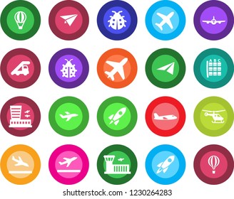 Round color solid flat icon set - plane vector, departure, arrival, ladder car, helicopter, seat map, airport building, lady bug, rocket, paper, air balloon