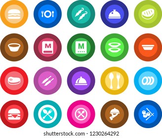 Round color solid flat icon set - spoon and fork vector, dish, cafe, menu, plates, waiter, steak, kebab, hamburger, bowl, sushi