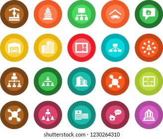 Round color solid flat icon set - hierarchy vector, well, molecule, hospital, office building, garage, plan, home message