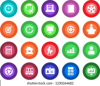Round color solid flat icon set - reception vector, identity, plane globe, calculator, abacus, clock, reel, user, network, copybook, presentation board, bar graph, paper binder, target, manager
