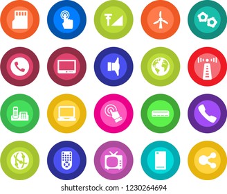 Round color solid flat icon set - antenna vector, phone, gear, earth, speaker, tv, remote control, network, touch screen, laptop pc, back, call, sd, cellular signal, office, air conditioner