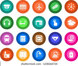 Round color solid flat icon set - train vector, shower, clouds, hierarchy, desk, document, calendar, hose, fireplace, consolidated cargo, route, touch screen, headphones, scanner, checklist, bacon