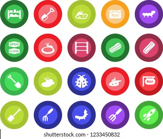 Round color solid flat icon set - job vector, garden fork, shovel, lady bug, caterpillar, pond, rack, rent, bacon, open close, rocket