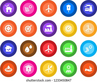 Round color solid flat icon set - factory vector, bird house, target, sun panel, windmill, eco, water, palm sproute