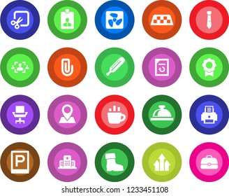 Round color solid flat icon set - taxi vector, parking, reception bell, identity card, coffee, document reload, boot, thermometer, hospital, pin, cut, sertificate, paper clip, hr, office chair, tie